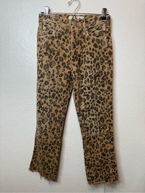 AMO Loverboy Washed Leopard All Over Print Jeans Raw Hem Size 24 Statement